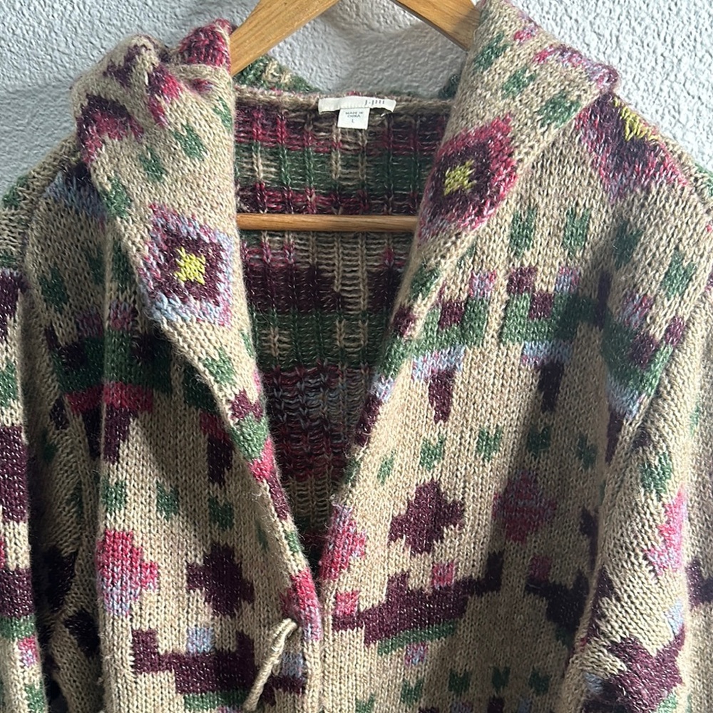 J Jill Lenox topper Aztec Lenox Hooded Sweatercardigan sz L beige burgundy wool - Picture 7 of 11